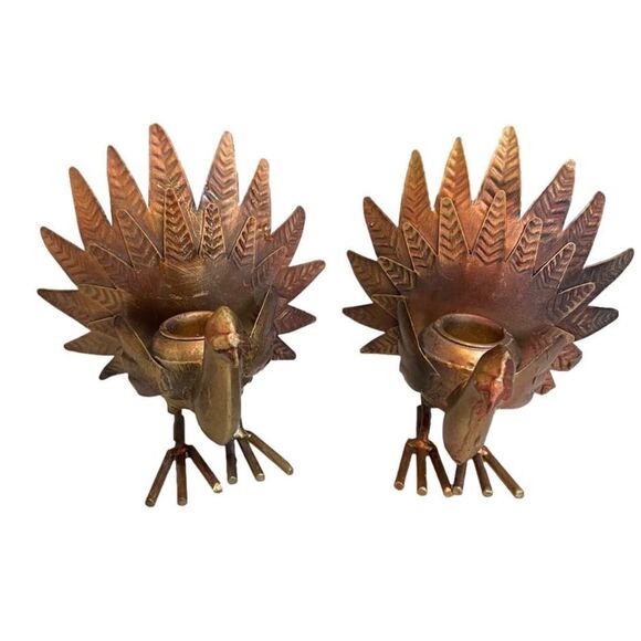 Pair Copper Colored Turkey Thanksgiving Candle Sticks - Picture 4 of 10